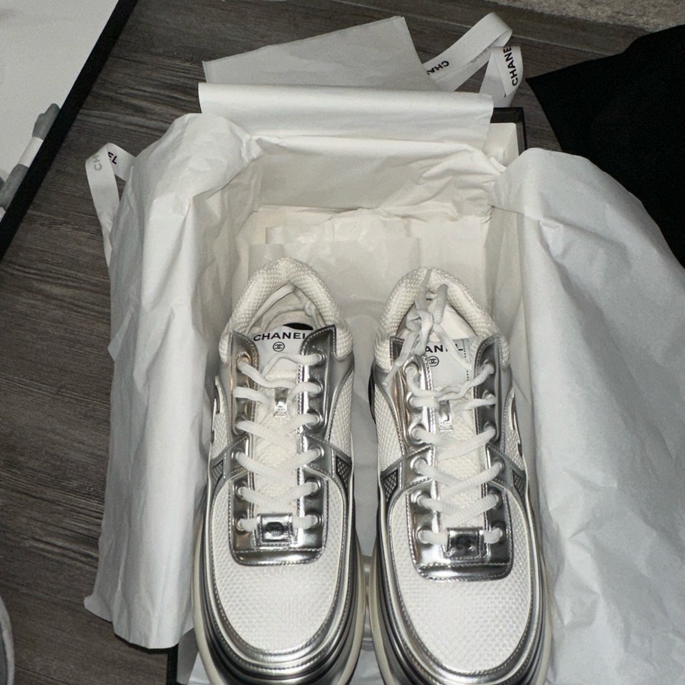 Chanel Men's Silver and White Sneakers - Picture 2 of 9